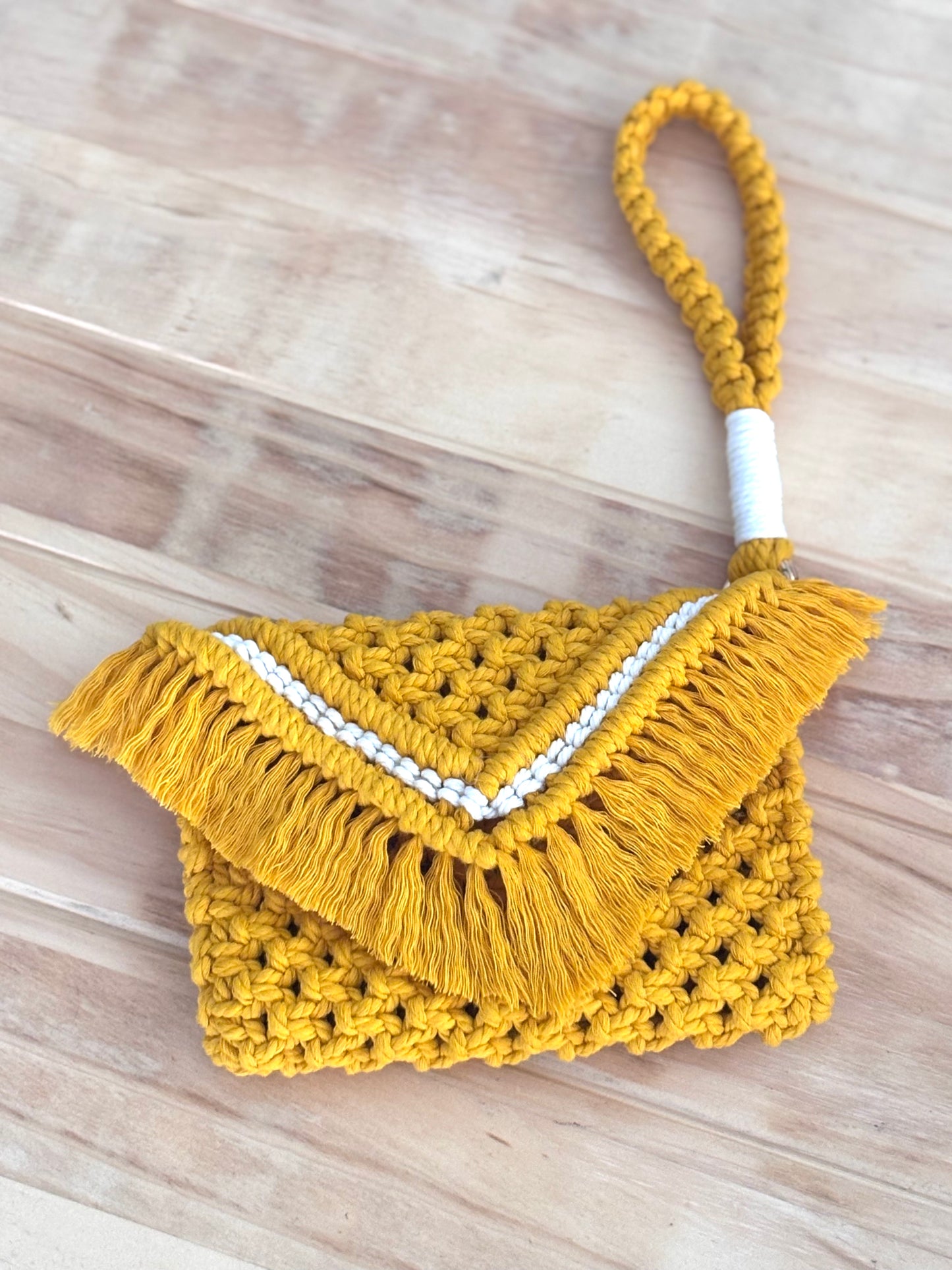 Mustard macrame clutch